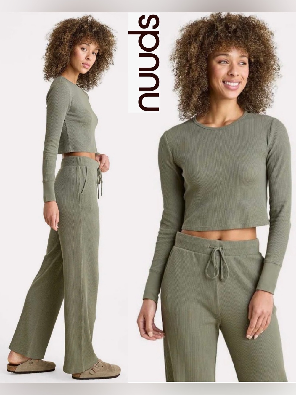 Nuuds Waffle Long Sleeve Cotton Baby Tee Olive Cropped Size XL